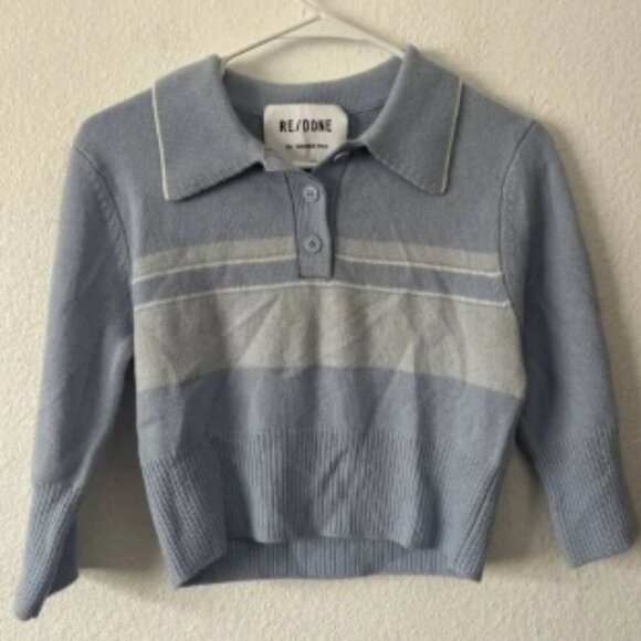 RE/DONE 60s Shrunken Polo Top Womens Medium Pale Blue Striped Cropped Knit Mod - Picture 1 of 5